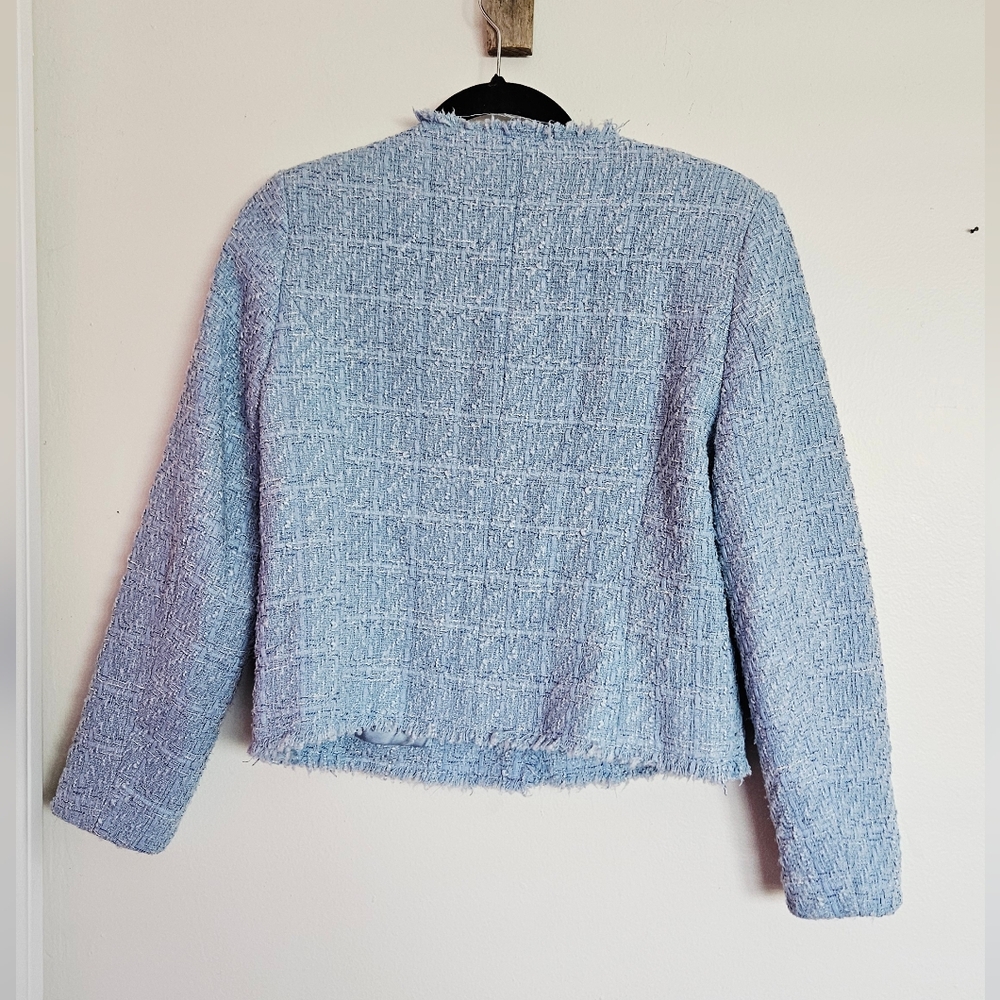MANGO BLOGGER FAVE Blue Textured Tweed Classic Blazer Pearl Button Suit Jacket M - Picture 4 of 7